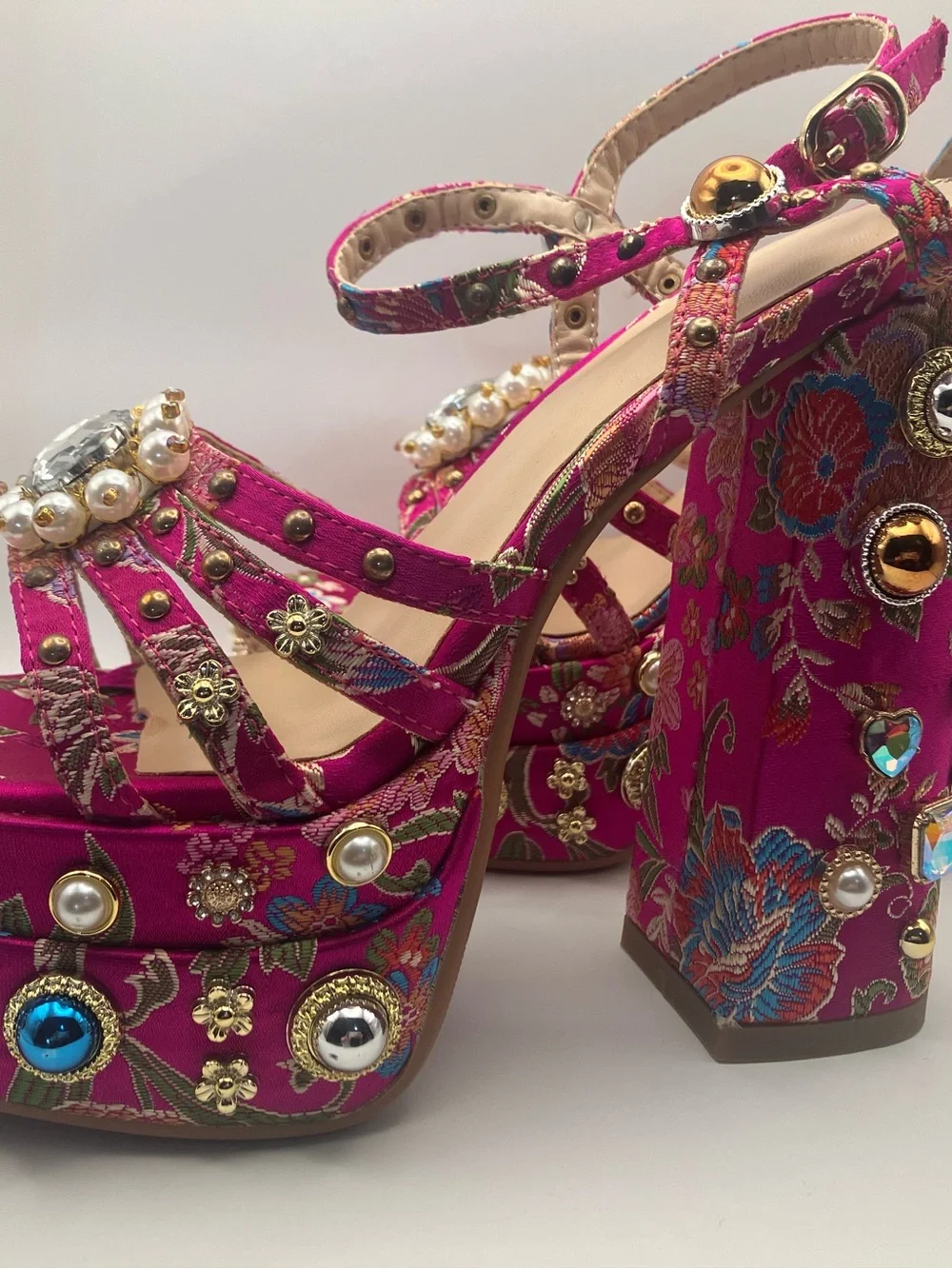 Fuchsia Embellished Platform Sandals with Floral Jacquard